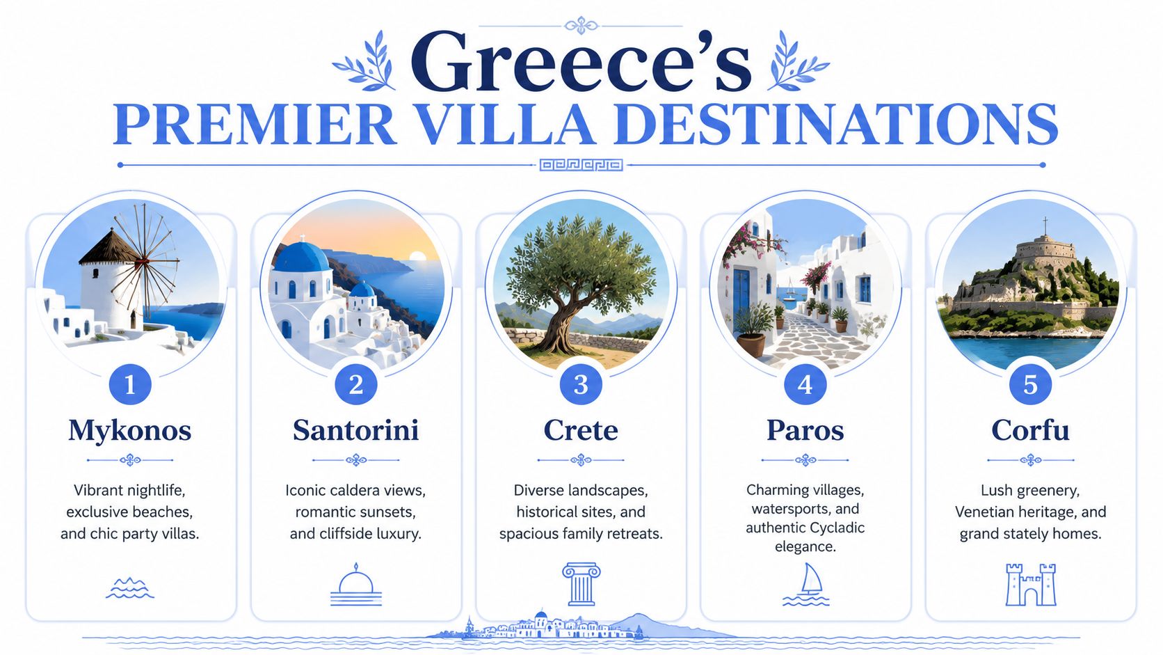 A travel infographic titled Greece's Premier Villa Destinations, highlighting top island locations for luxury vacation rentals.