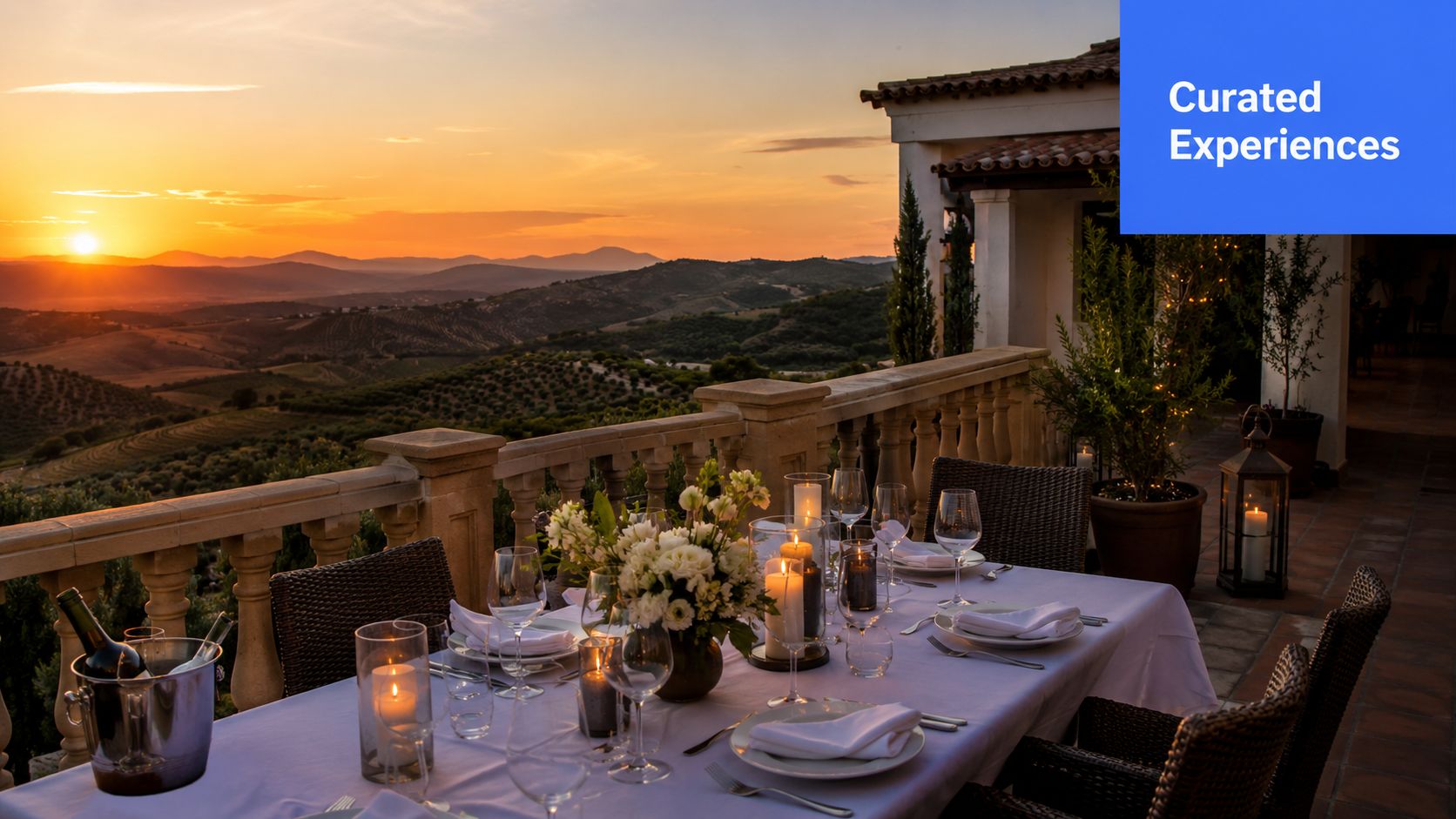 A luxurious dining table set for an outdoor sunset meal overlooking beautiful rolling hills in Spain.