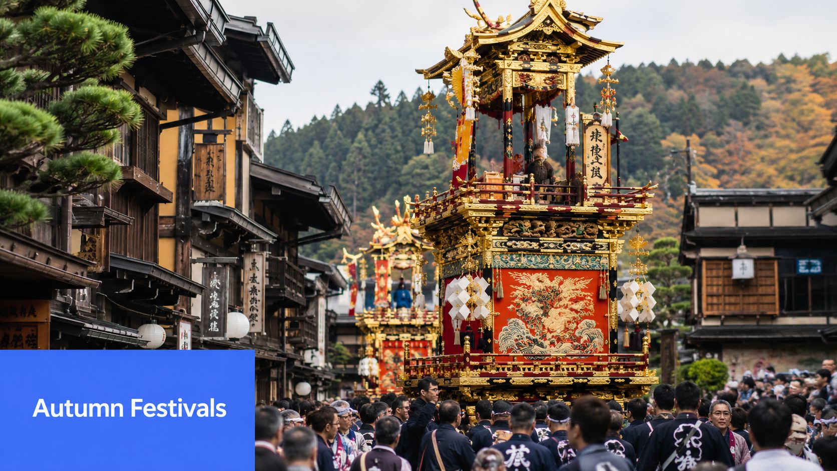 People gathering to view an ornate gold and red traditional festival float during autumn in Japan.