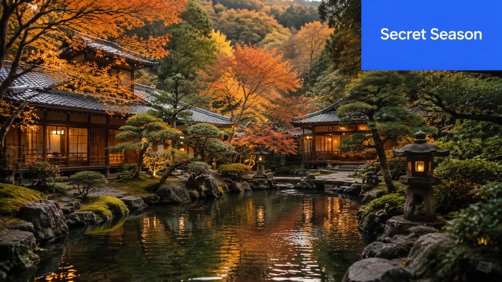 A serene traditional Japanese garden with autumn trees and a reflection of a temple in a pond.