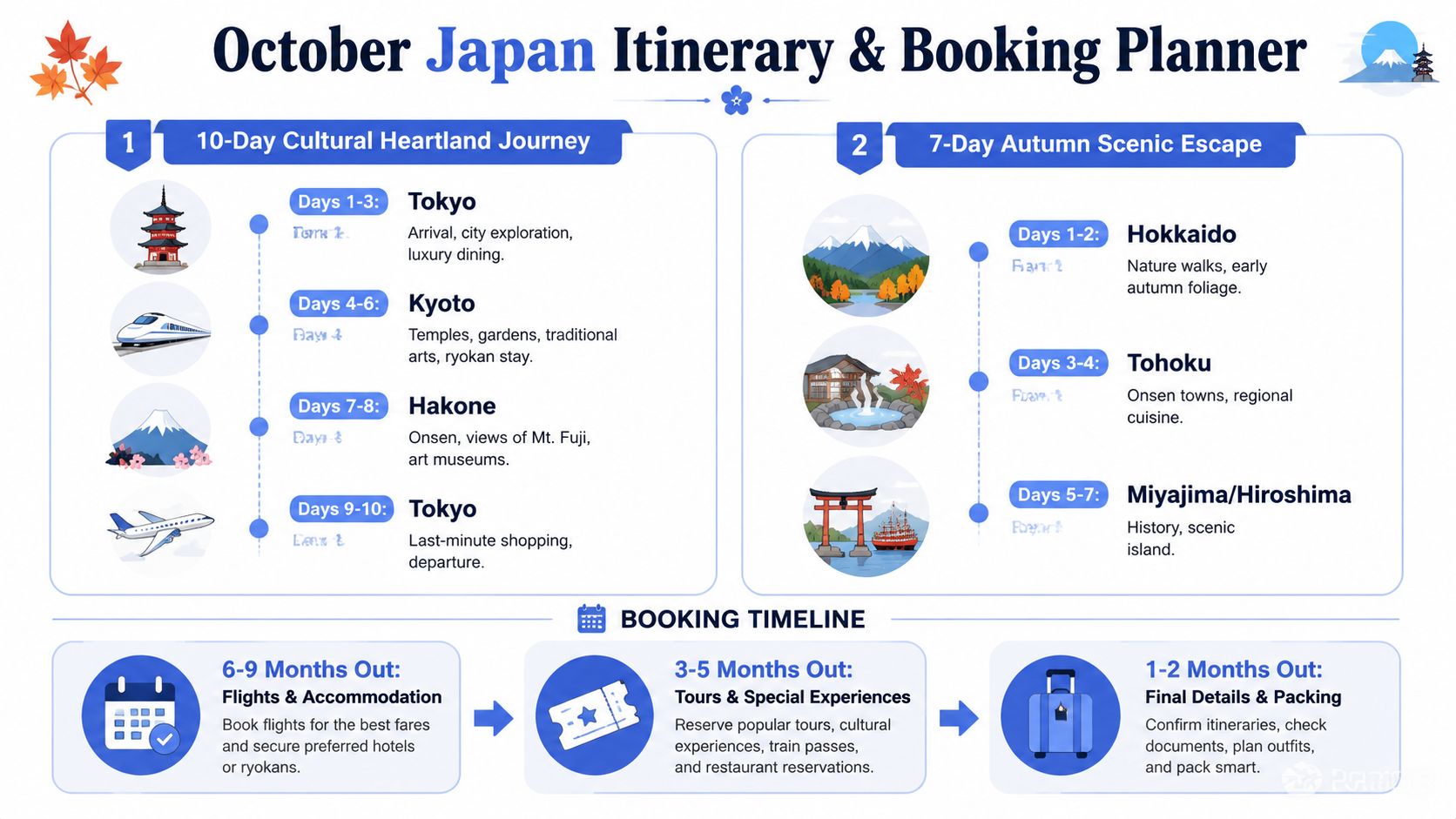 A travel planning infographic showing two distinct October Japan itineraries and a booking timeline for travelers.