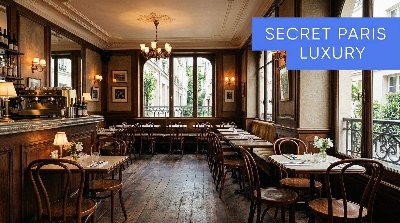 An elegant and cozy Parisian cafe interior with dark wood paneling, warm lighting, and window views.