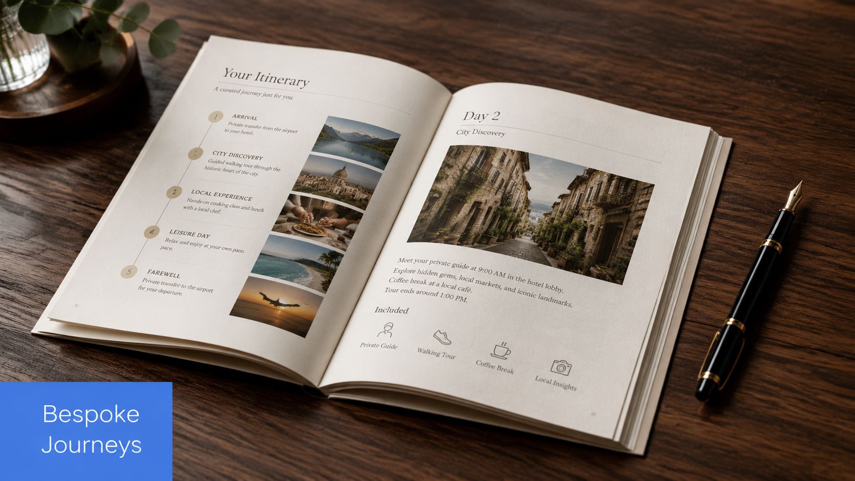 An open travel itinerary book on a wooden desk displaying a trip schedule with pictures.