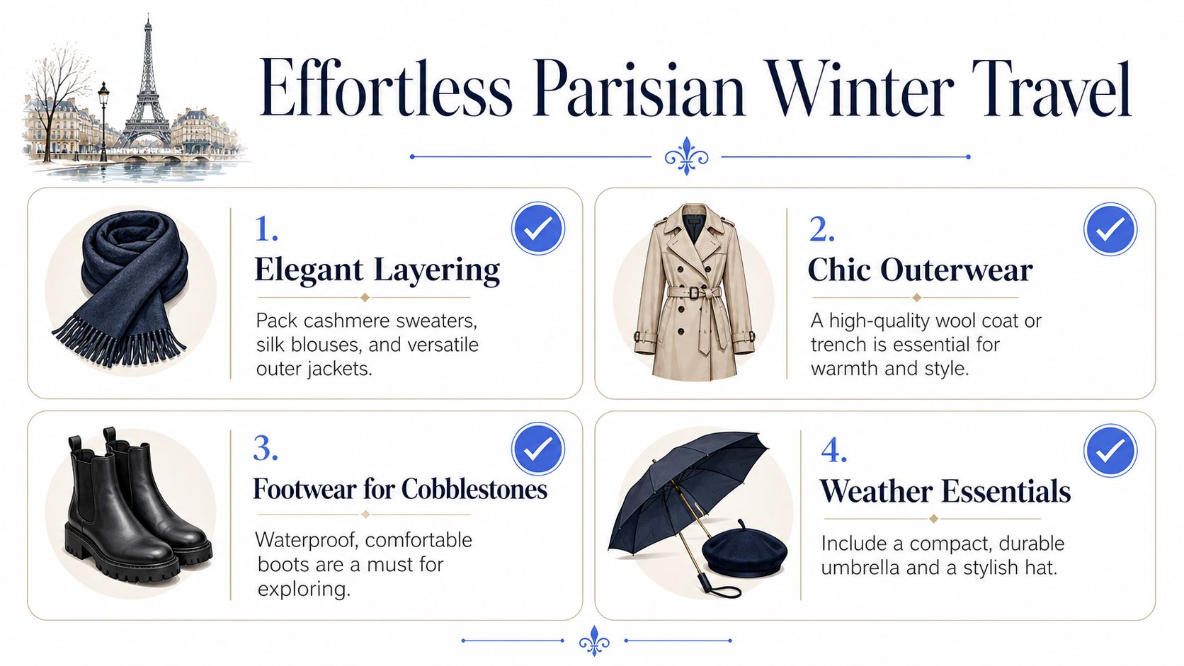 A list of four essential clothing and accessory items for planning a winter trip to Paris.