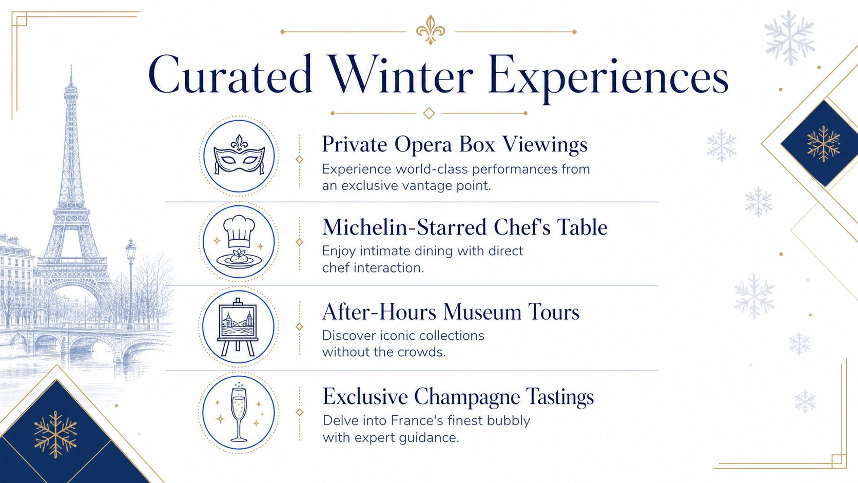 A sophisticated menu card titled Curated Winter Experiences highlighting luxury travel activities in Paris, France.