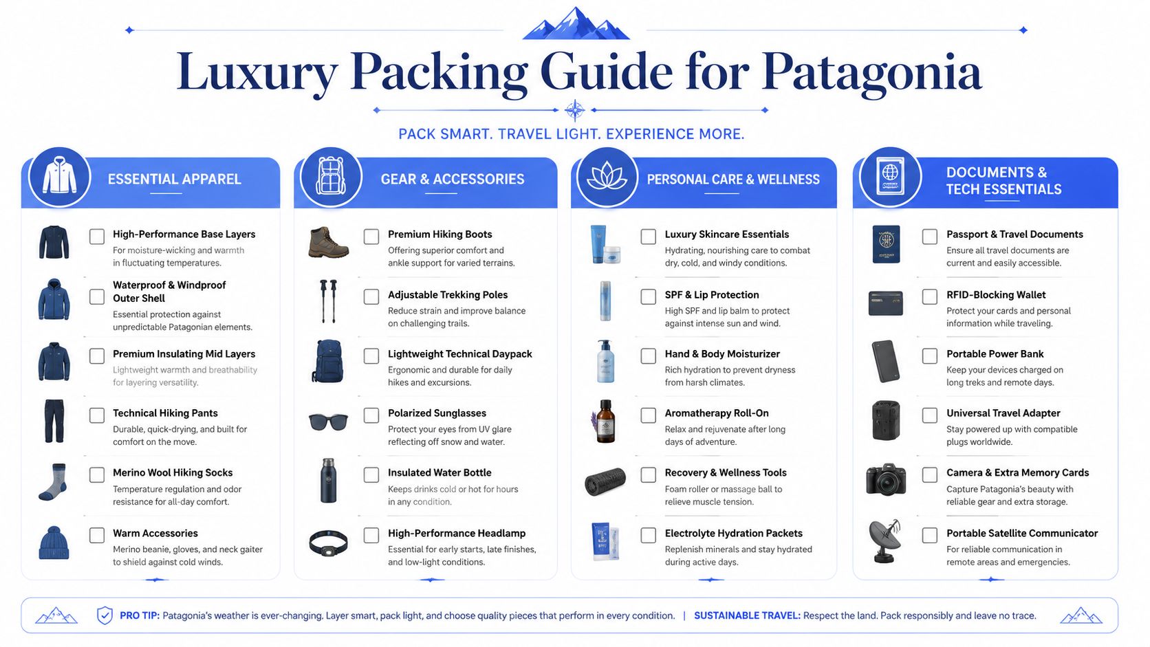 An organized luxury packing checklist for a Patagonia trip, detailing essential apparel, gear, skincare, and travel technology.