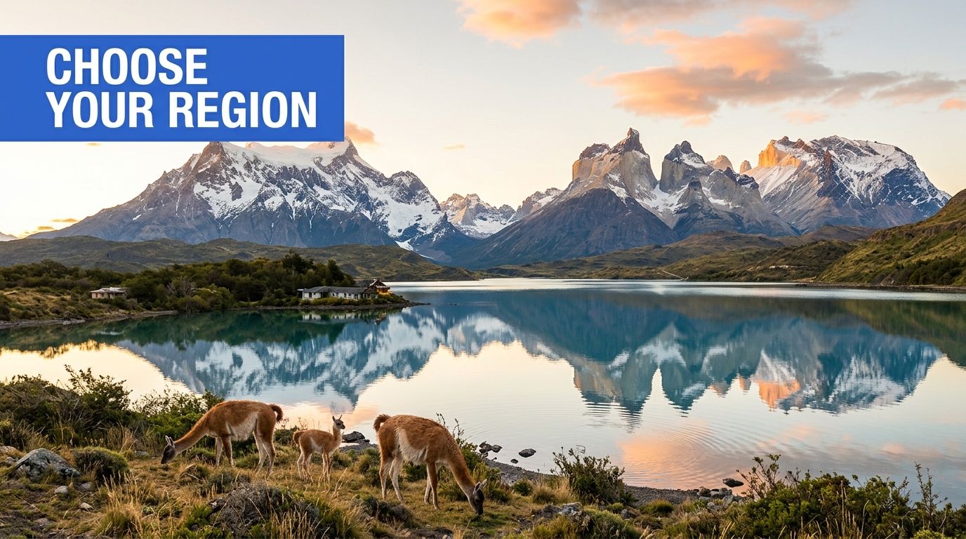 A scenic view of a lake and mountains in Patagonia with three guanacos grazing in the foreground.