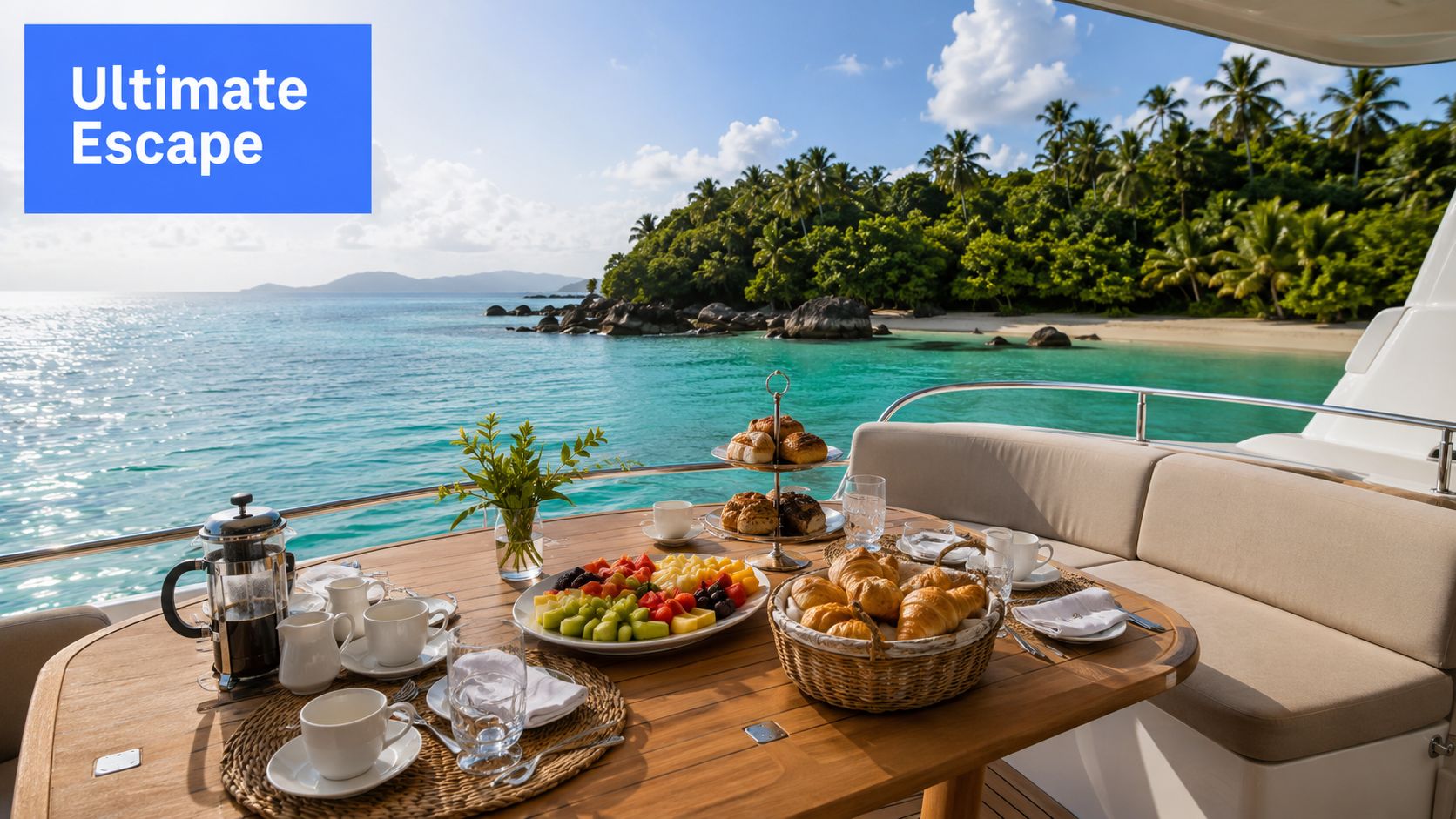 A luxurious breakfast setup on a yacht deck overlooking a turquoise Caribbean beach and lush tropical island.