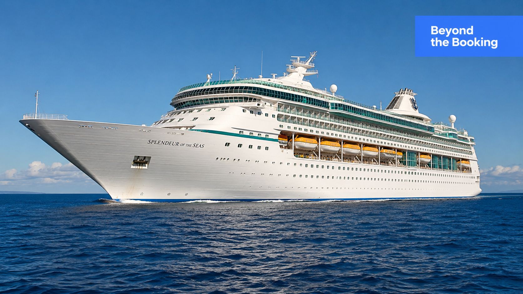 The white cruise ship Splendour of the Seas sailing on the deep blue ocean under a clear sky.