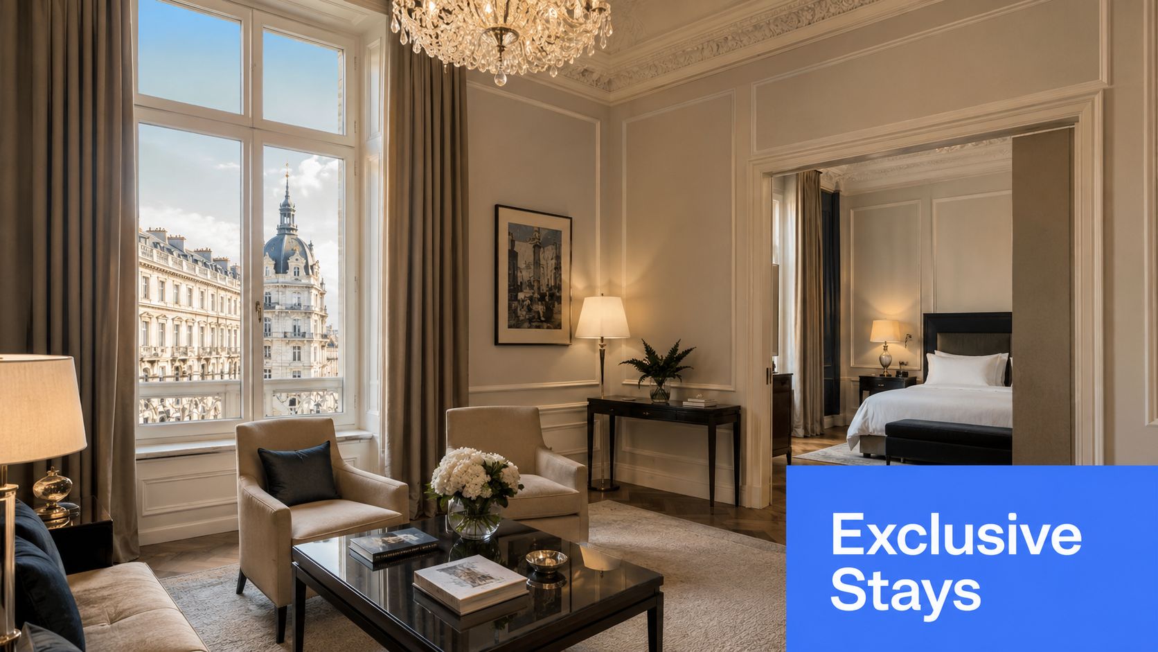 A luxurious hotel suite featuring an elegant living room, comfortable seating, and a view of historic buildings.