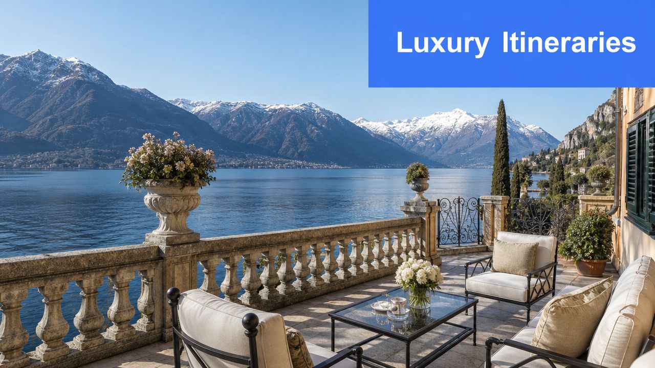A luxurious lakefront balcony overlooking snow-capped mountains, featuring comfortable outdoor seating, a coffee table, and stone balustrades.