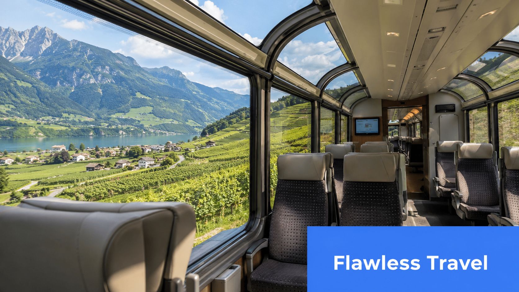 A scenic view of a Swiss lake and mountains from inside a modern panoramic tourist train.