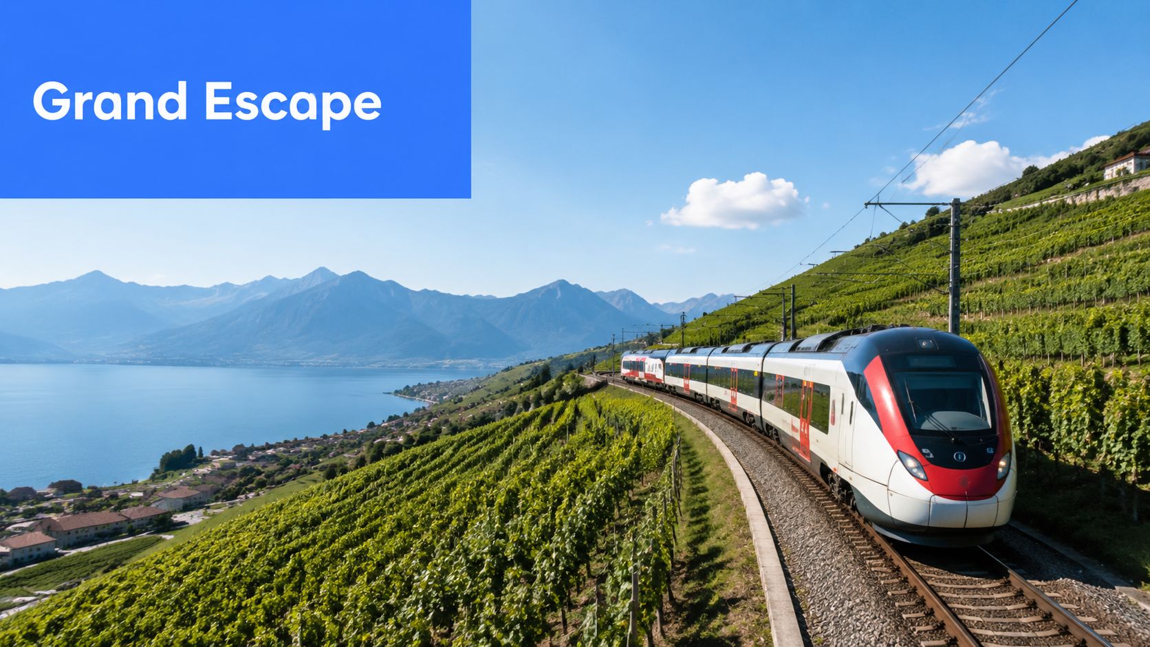A modern passenger train traveling along a scenic mountain railway through lush green vineyards beside a lake.