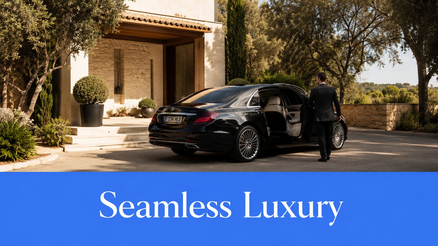 A chauffeur in a suit stands by a black Mercedes-Benz parked in front of a luxury villa.