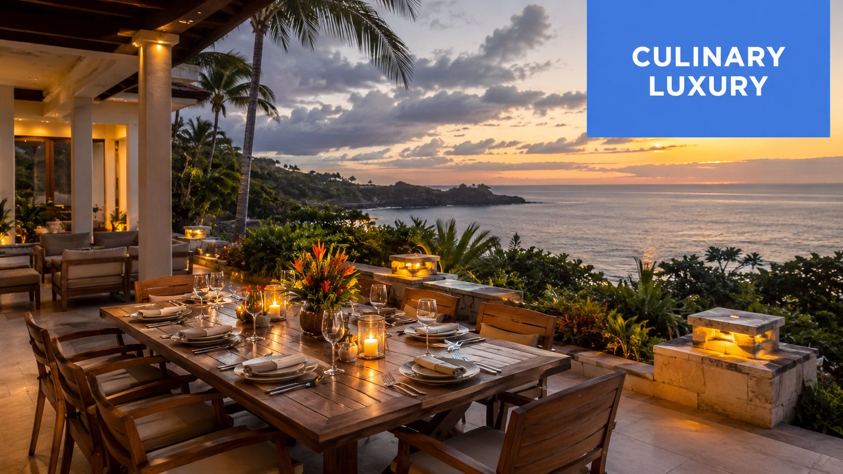 A luxurious outdoor dining setup on a terrace overlooking the ocean during a beautiful golden sunset.