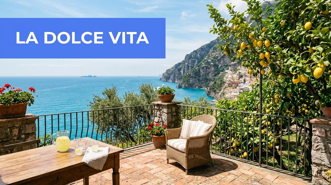 A scenic balcony with a wooden table, wicker chair, and lemon tree overlooking the Mediterranean sea in Italy.
