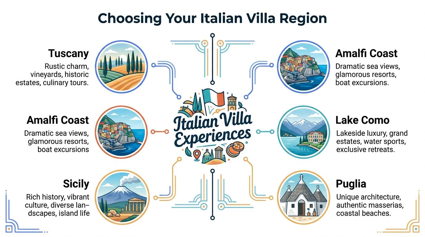 An infographic illustrating different regions in Italy for luxury villa experiences, including Tuscany, Amalfi Coast, Lake Como, Sicily, and Puglia.