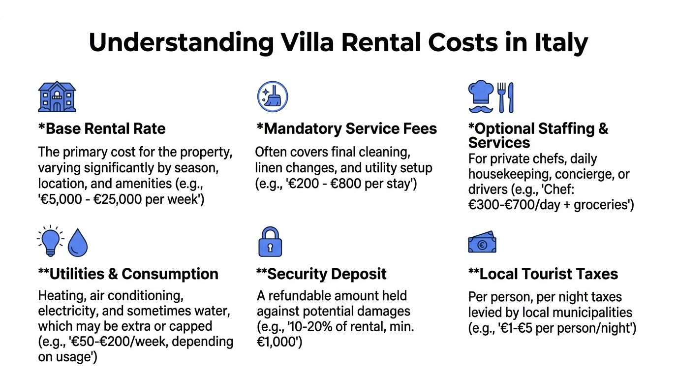 An infographic titled Understanding Villa Rental Costs in Italy outlining base rates, service fees, and taxes.