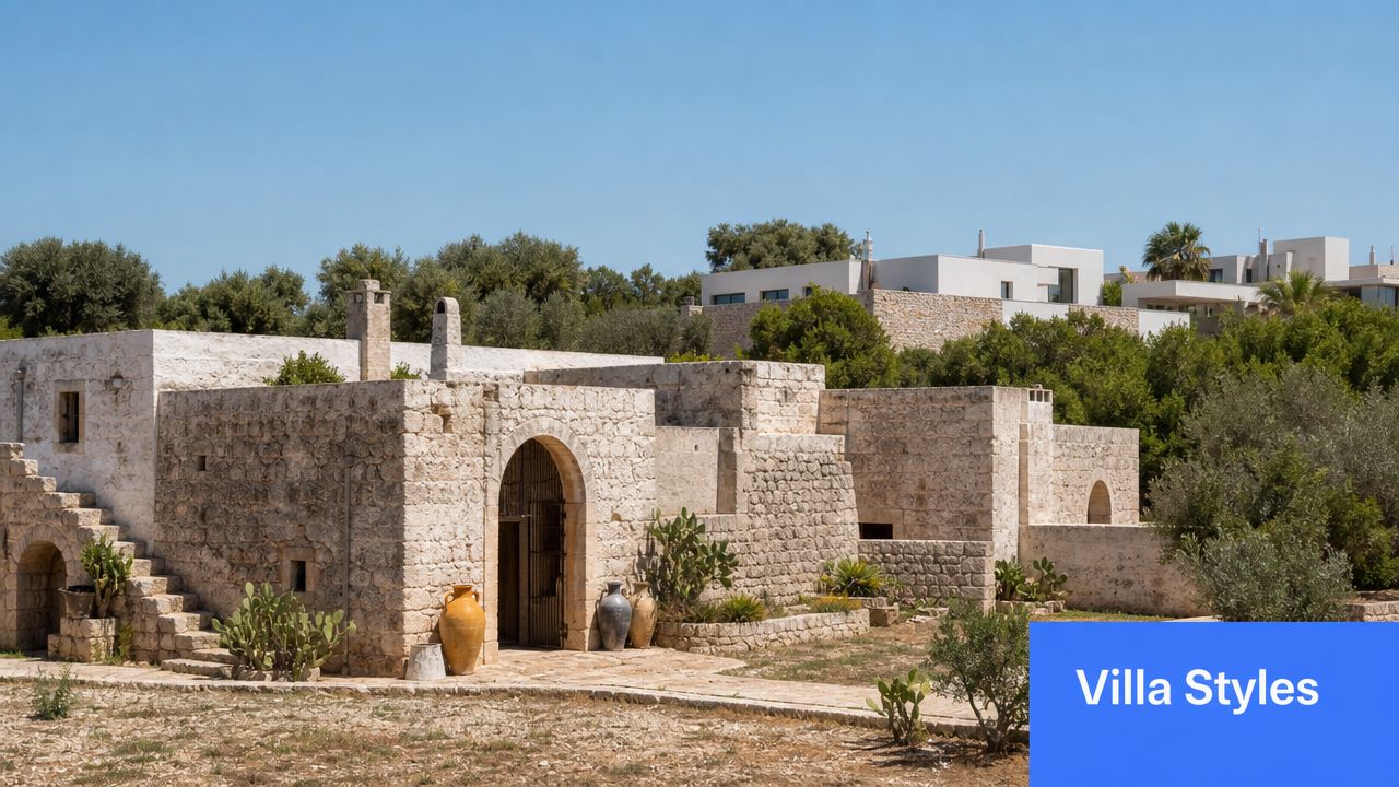 A rustic stone villa featuring arched doorways and natural textures surrounded by lush Mediterranean greenery and olive trees.