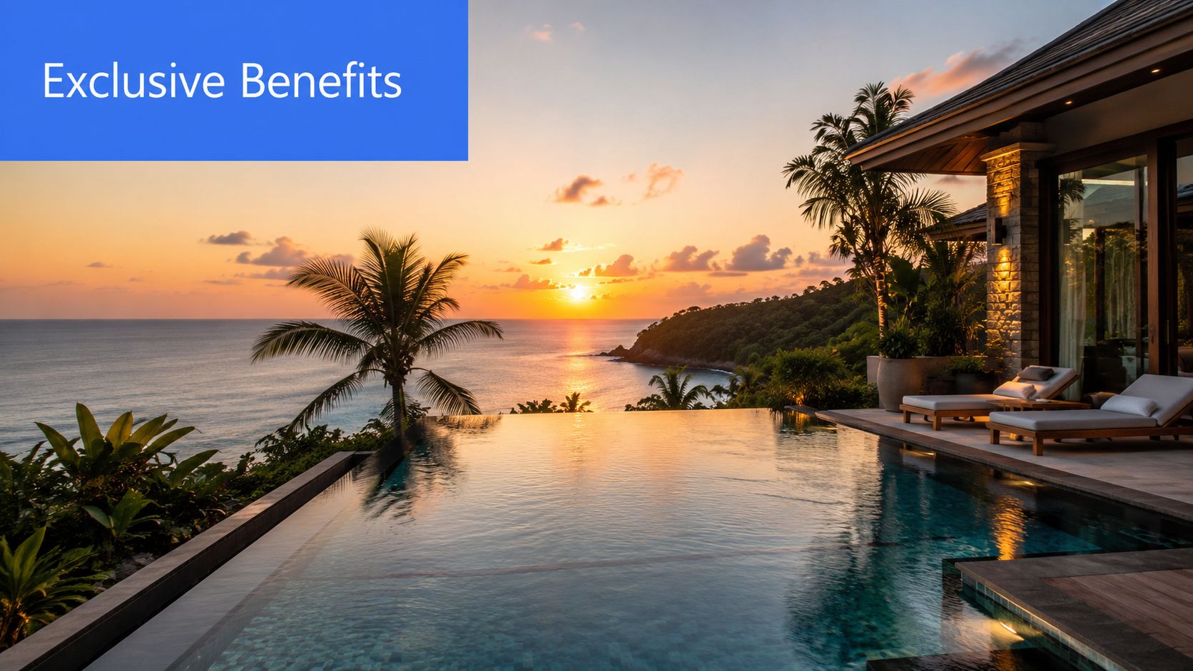 A luxury tropical infinity pool overlooking the ocean at sunset with lounge chairs on the patio.