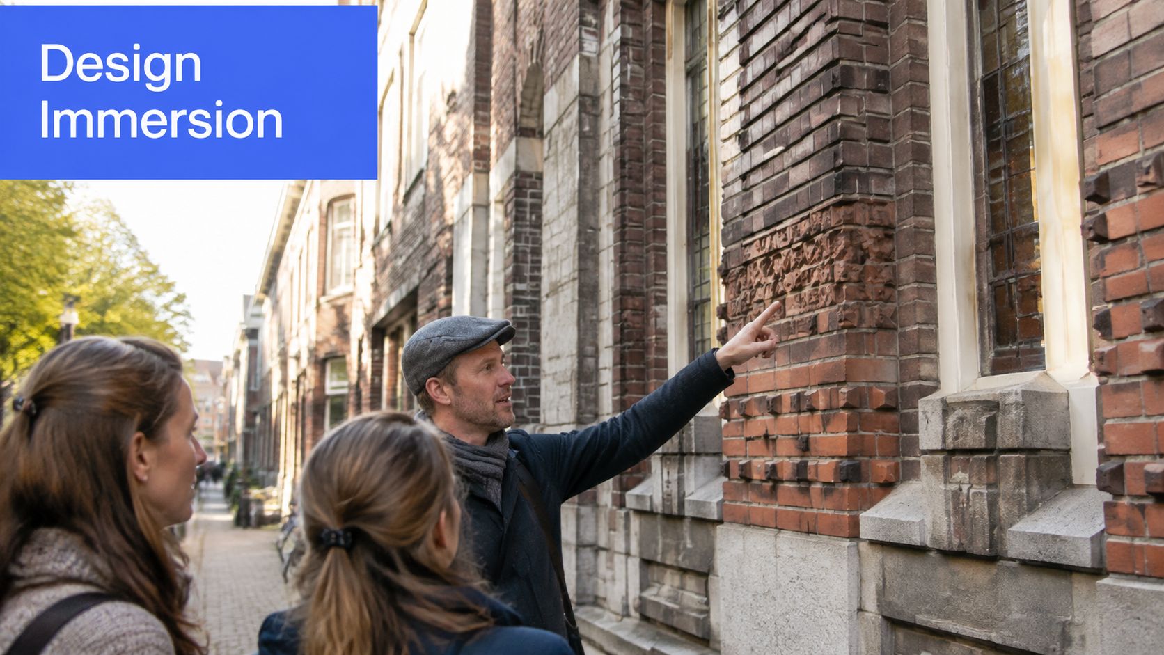 A man explaining architecture to two women while pointing at a brick building in Amsterdam.
