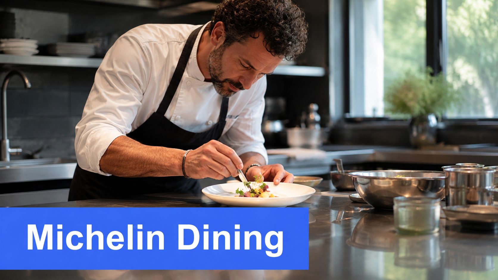 A professional chef meticulously plating an elegant gourmet dish in a modern, high-end restaurant kitchen.