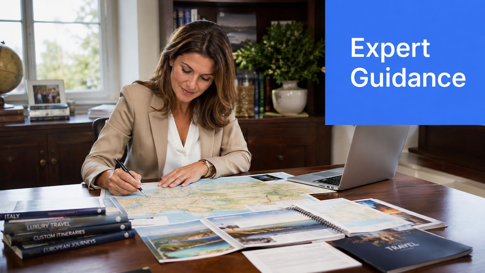 A professional travel agent reviewing maps and custom itineraries at her desk in a luxury office setting.