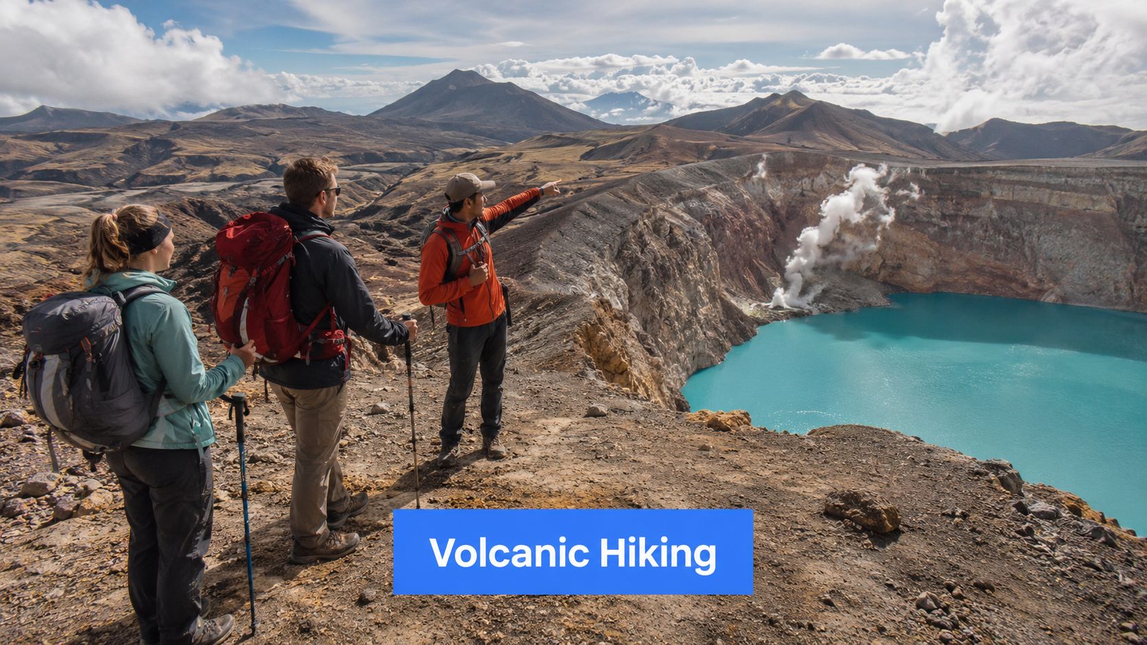 Three hikers overlook a stunning volcanic crater lake in the Azores, enjoying the dramatic landscape views.