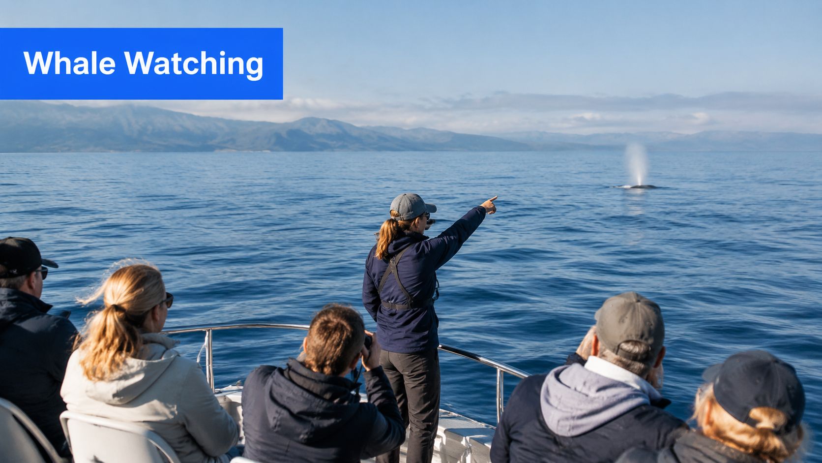 A tour guide pointing towards a whale surfacing in the ocean while passengers on a boat watch.