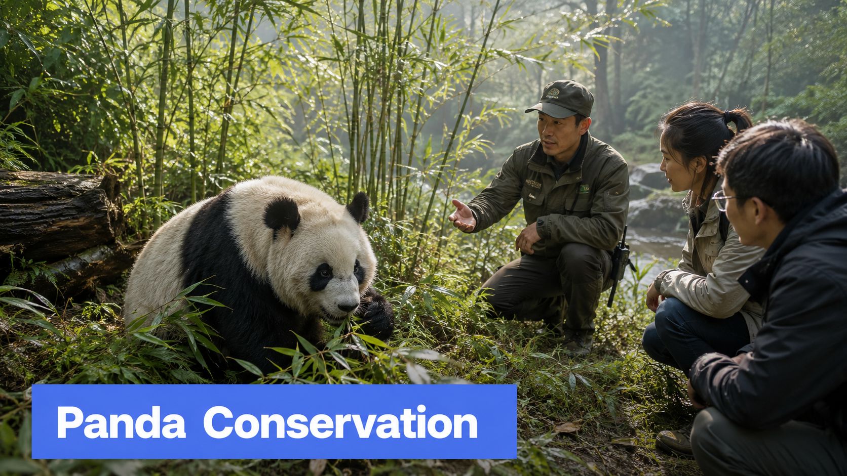 A conservationist talks to visitors about a giant panda eating bamboo in a natural forest habitat.