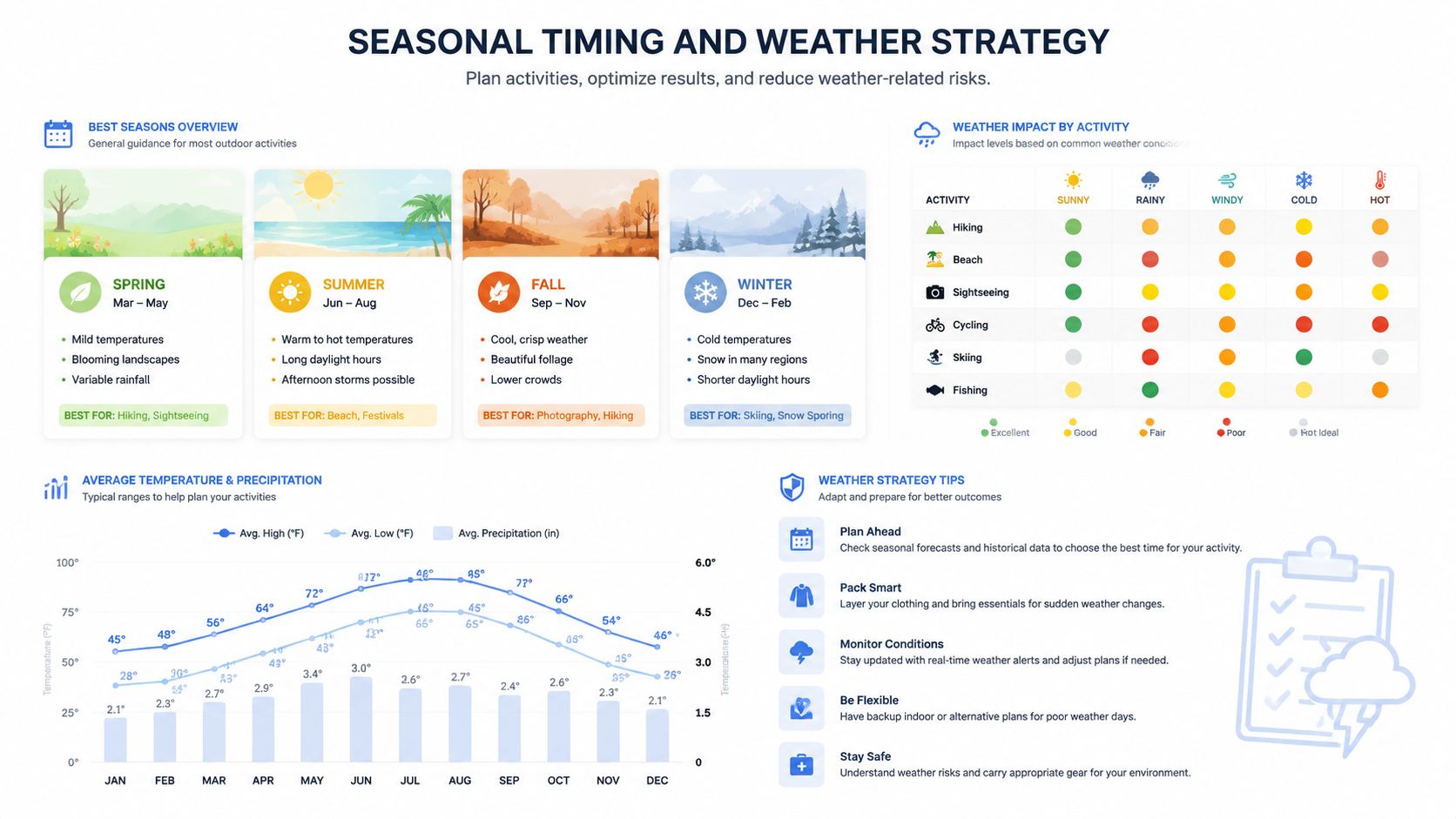 An infographic showing seasonal timing, weather strategies, temperature trends, and precipitation data for planning outdoor activities.