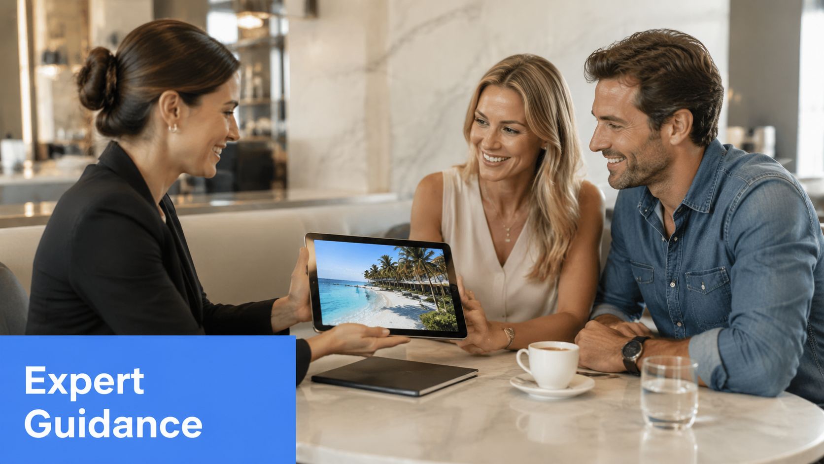 A travel consultant showing a beach destination picture on a tablet to a happy couple.