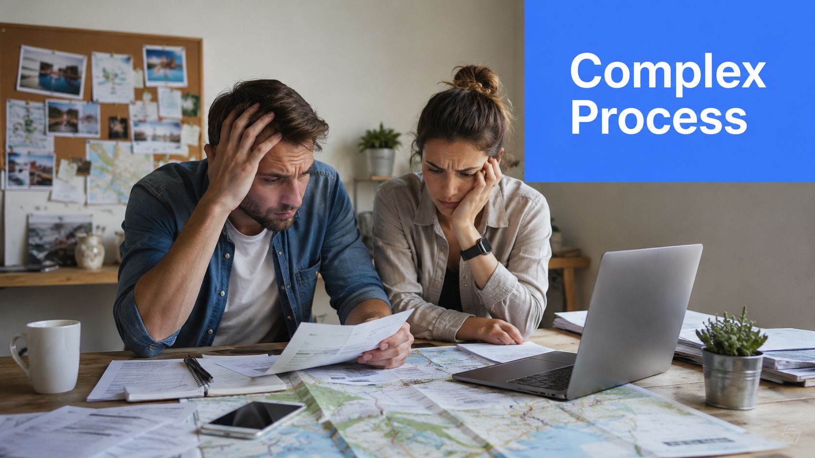 A couple looks stressed while researching and planning a complex travel itinerary on a laptop and map.