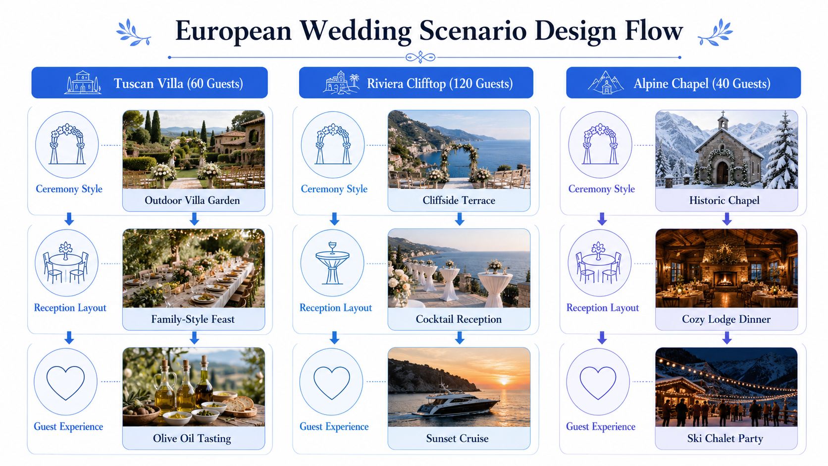 A diagram outlining three distinct European wedding destination scenarios including Tuscan Villa, Riviera Clifftop, and Alpine Chapel.