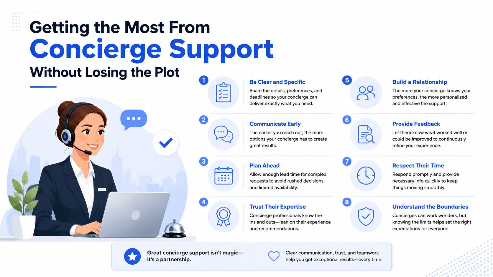 A professional concierge support guide illustration providing eight tips for managing customer service and personal assistance effectively.