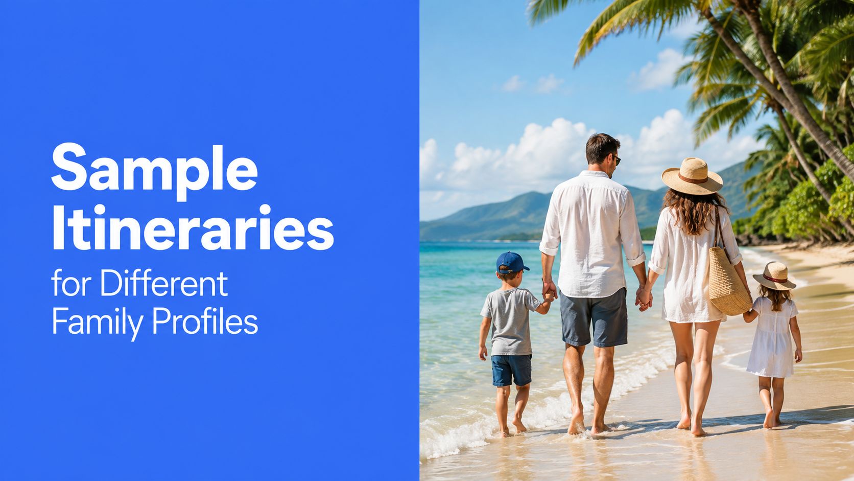 A family of four walking along a tropical beach with palm trees and blue skies.