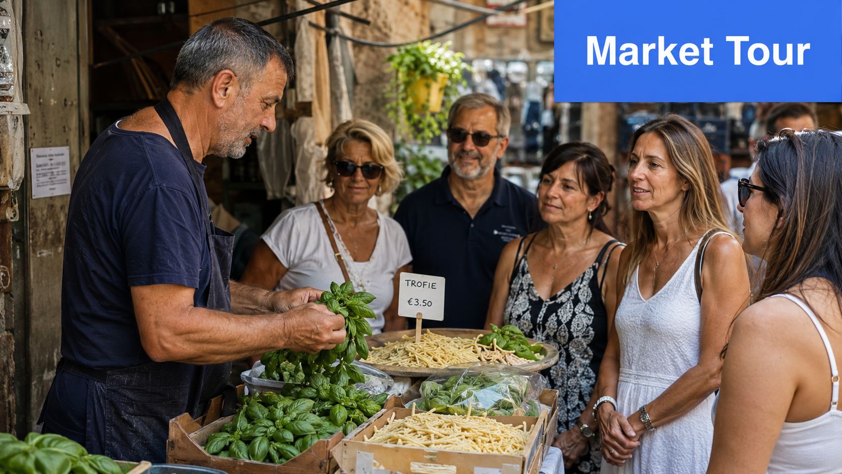 A vendor selling fresh basil and pasta to a group of tourists at an outdoor market.