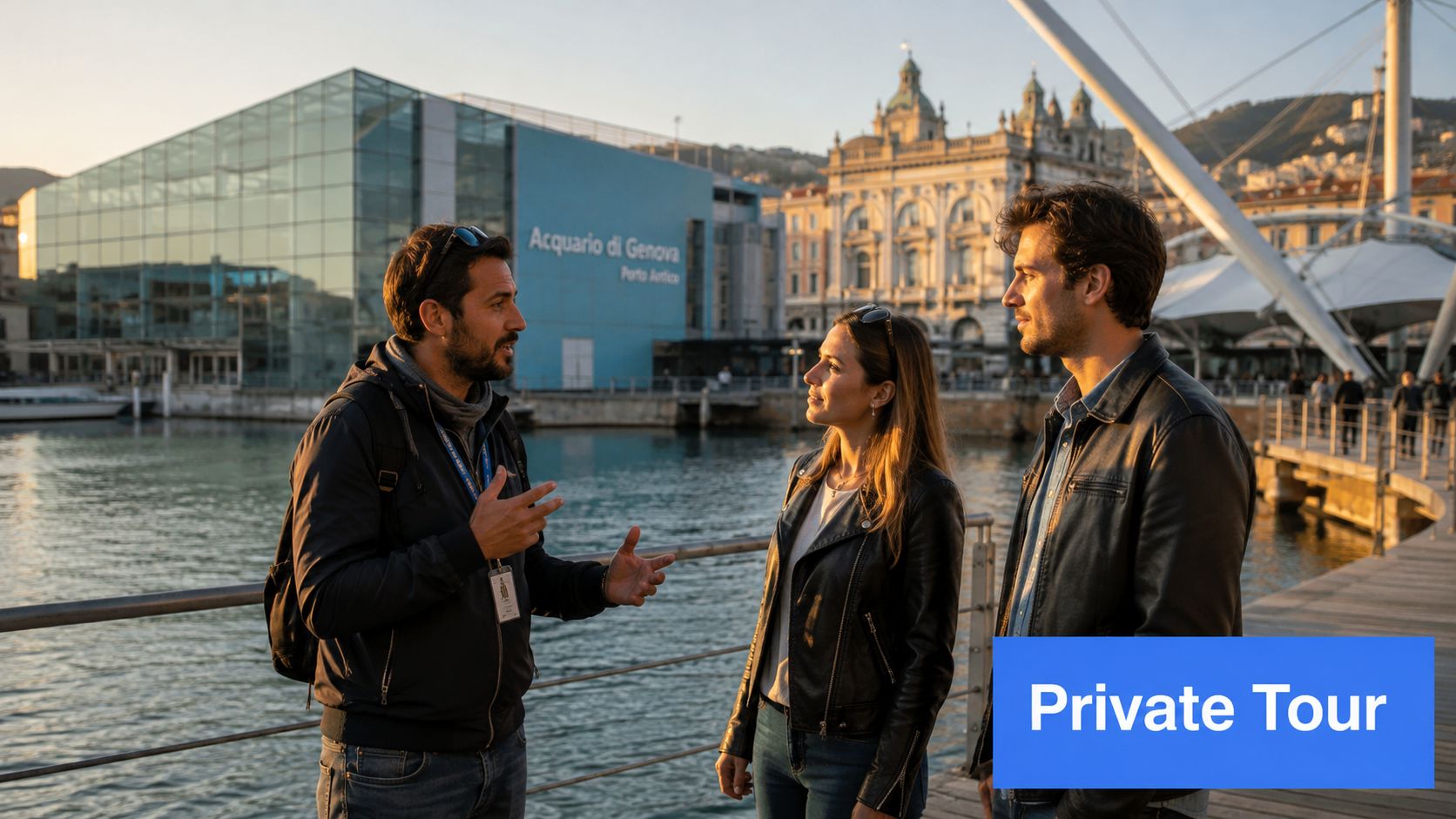 A tour guide talking to a couple by the harbor in front of the Aquarium of Genoa.