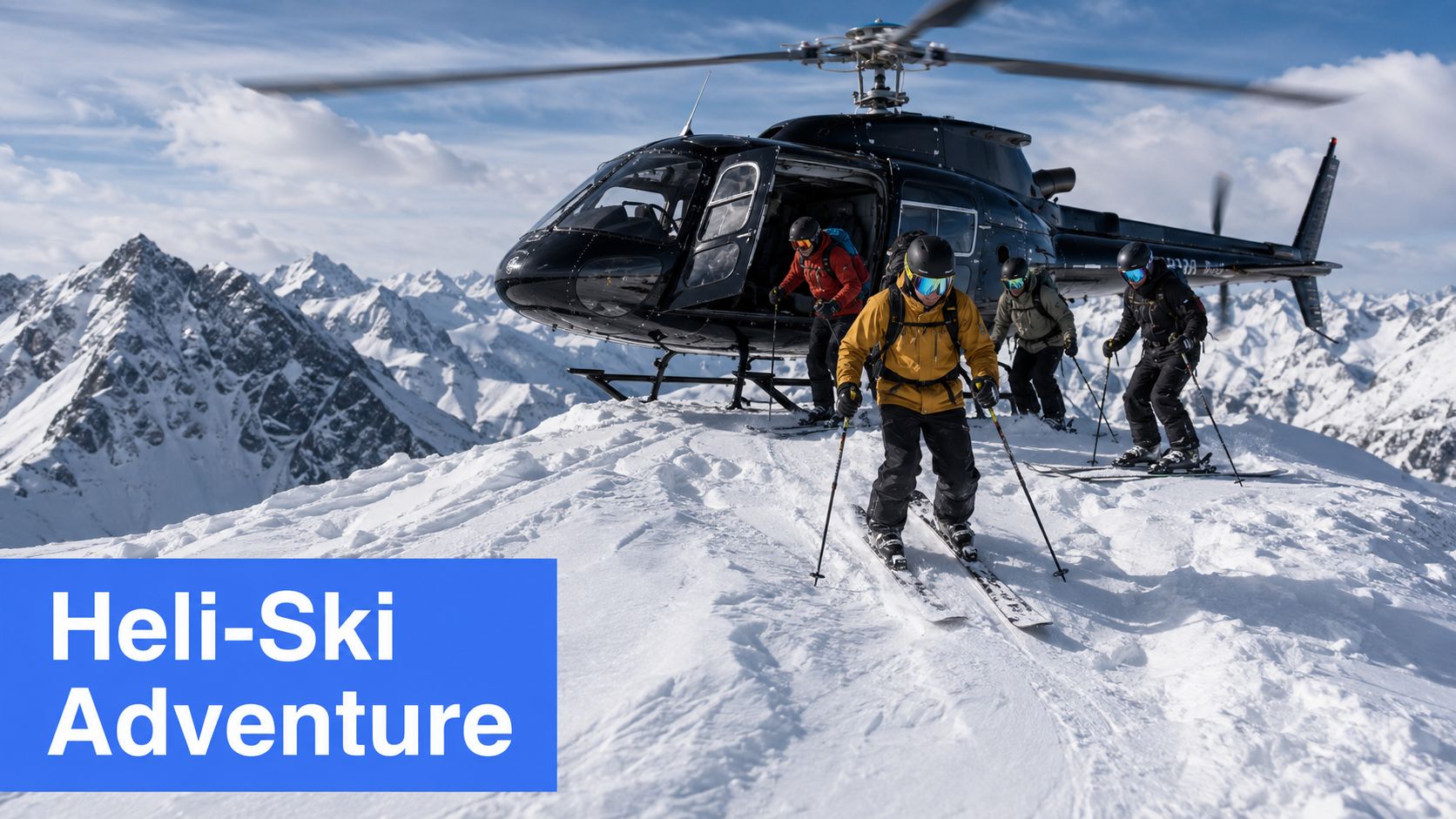 A group of friends prepares for a heli-ski adventure on top of a snow-covered mountain peak.