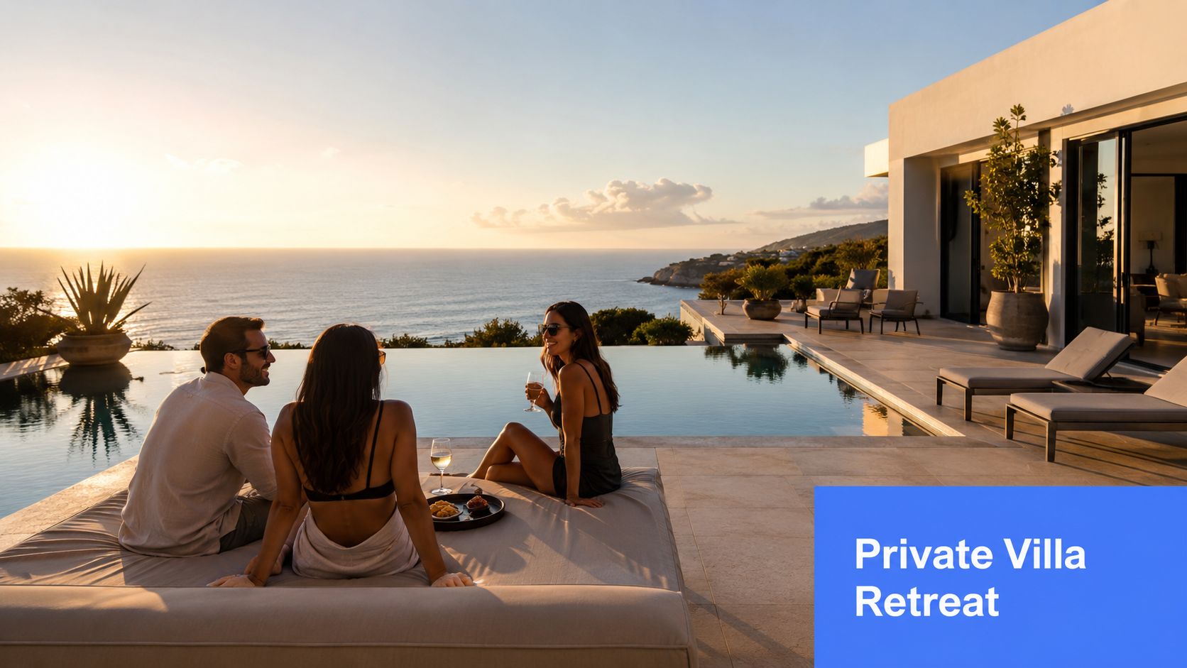 Three friends relaxing on a lounge bed by a luxury infinity pool overlooking the ocean at sunset.