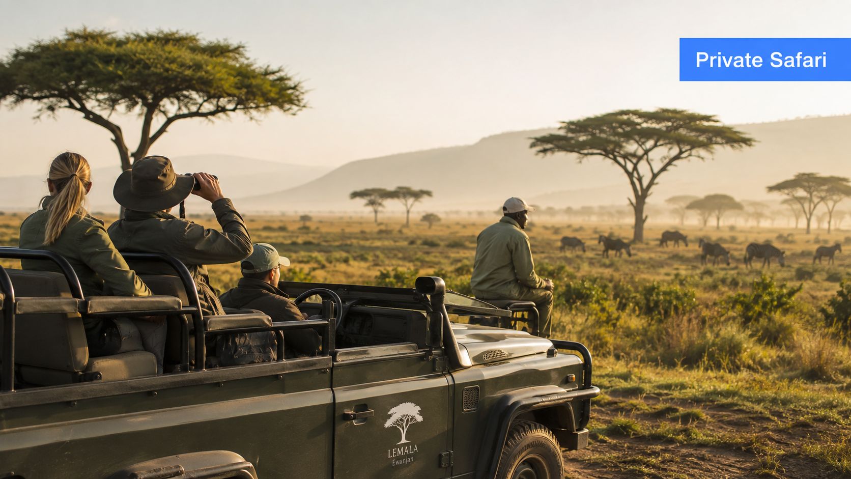 A group of people on a guided safari tour in an open vehicle looking at zebras grazing.