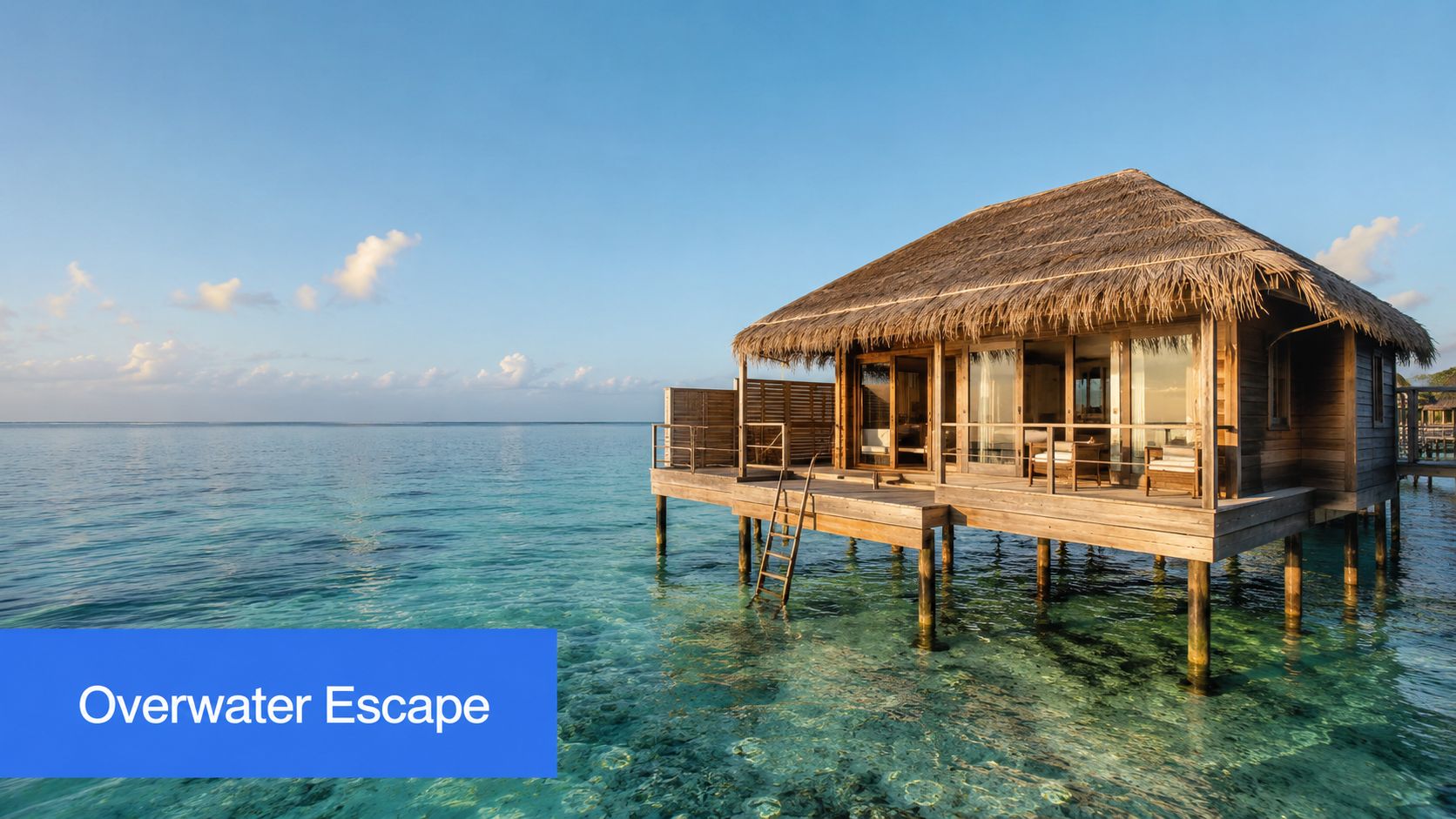 A serene overwater bungalow villa sits above crystal clear turquoise water in a tropical paradise setting.