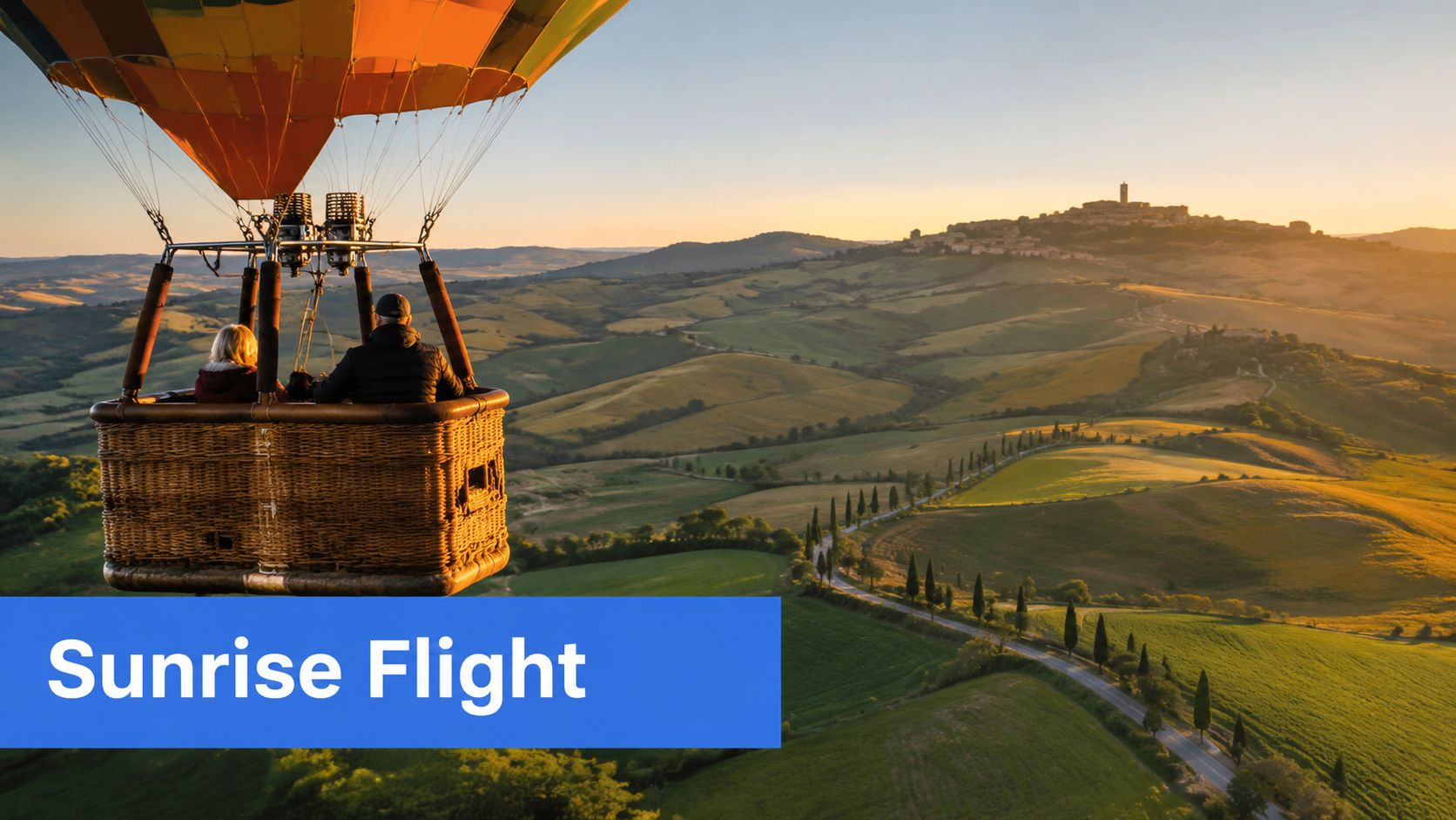 A couple enjoying a breathtaking sunrise hot air balloon flight over the scenic rolling hills of Tuscany.