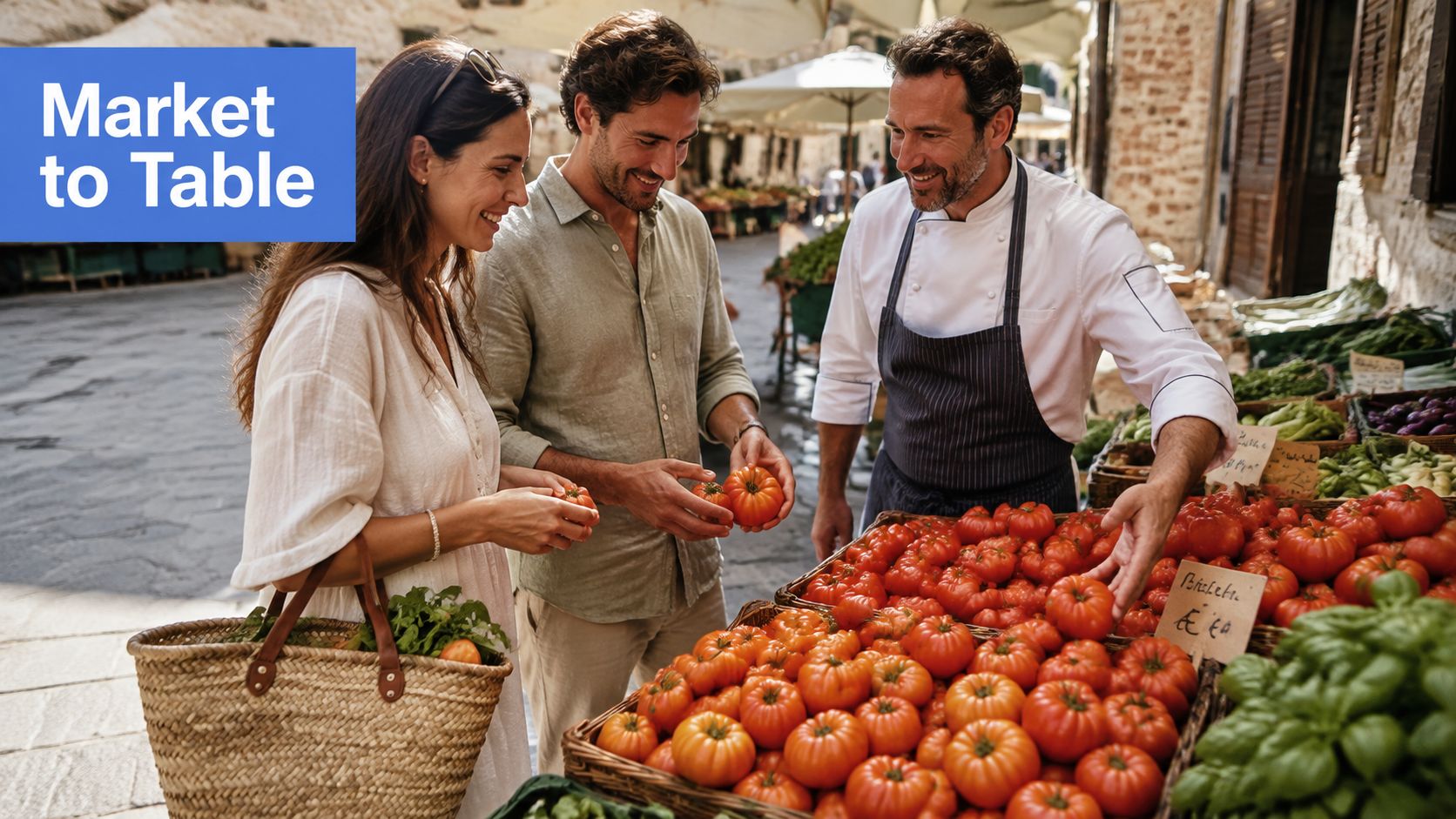 A couple shopping for fresh organic tomatoes with a friendly local chef at a sunny outdoor market.