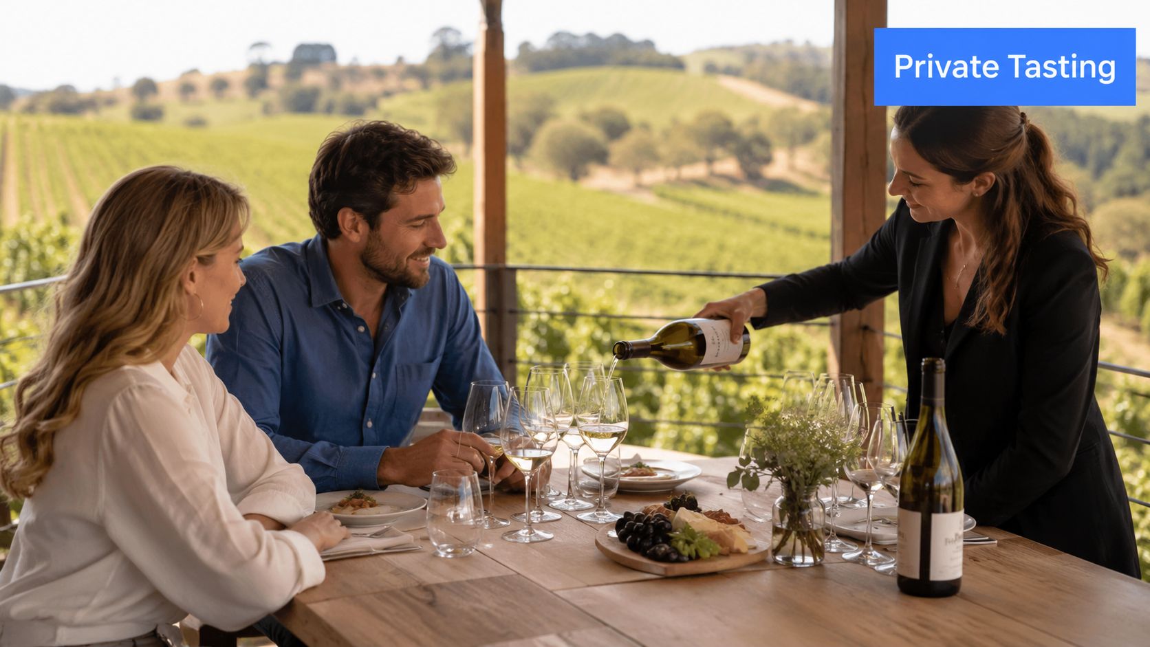 A woman pouring wine for a couple during a private tasting at a scenic vineyard in Tuscany.