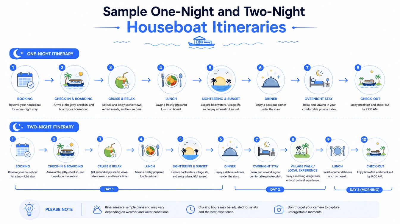 An infographic showing sample one-night and two-night houseboat cruise itineraries in the Kerala backwaters.