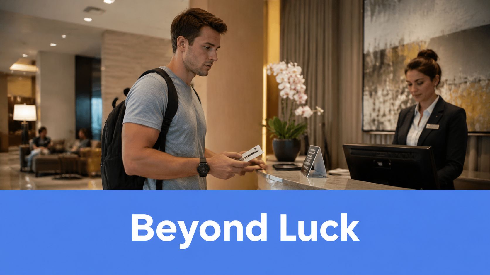 A man standing at a luxury hotel reception desk checking in with a staff member.
