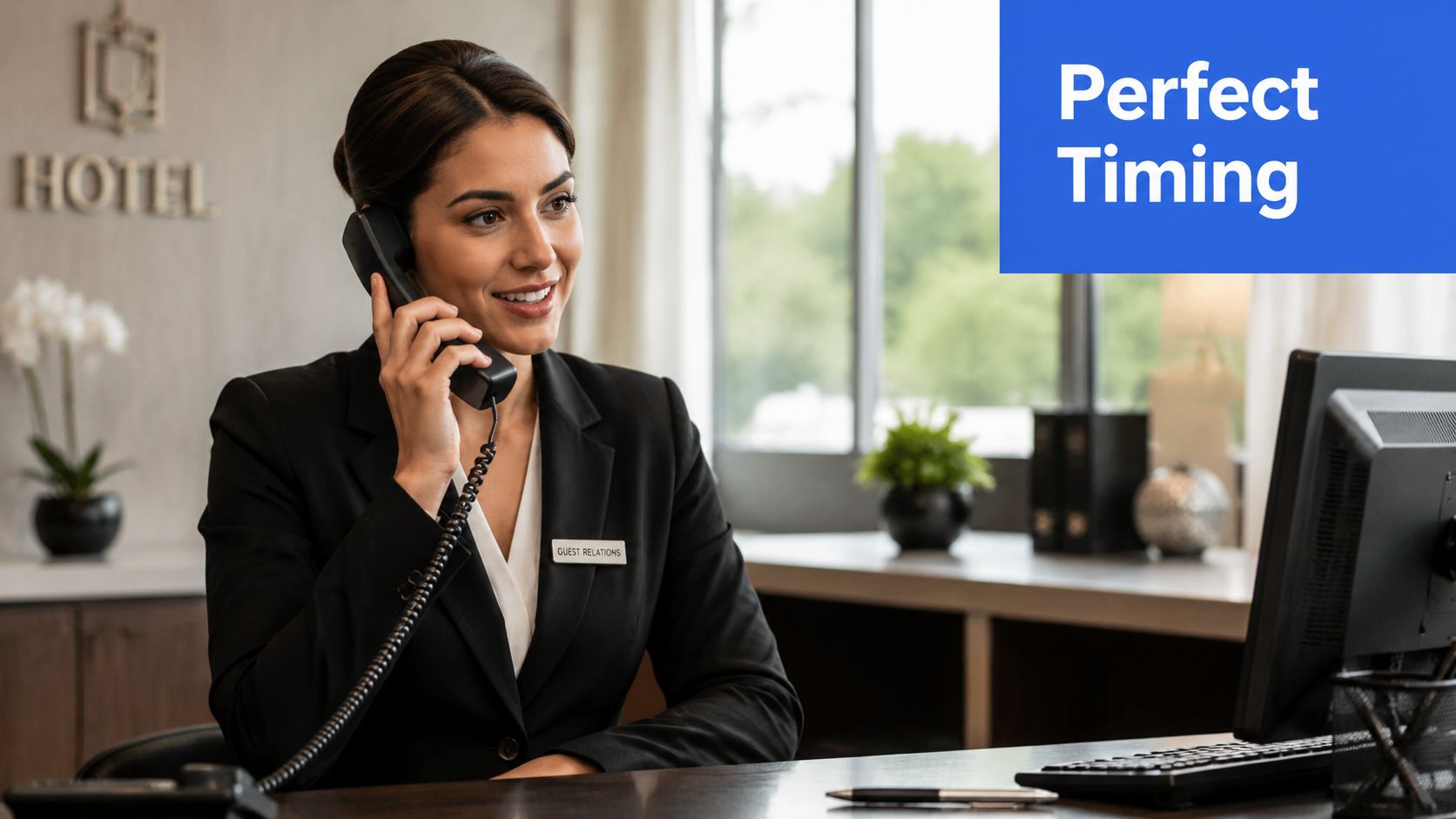 A professional hotel guest relations officer smiling while taking a phone call at the front desk.