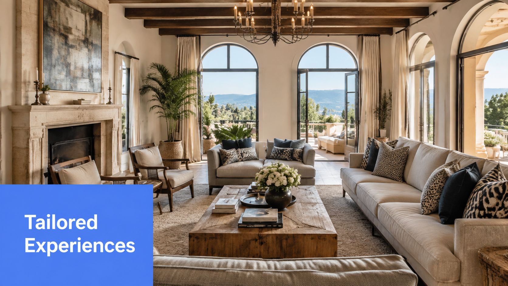 A luxurious, sunlit Mediterranean living room with a stone fireplace, wooden ceiling beams, and arched patio doors.