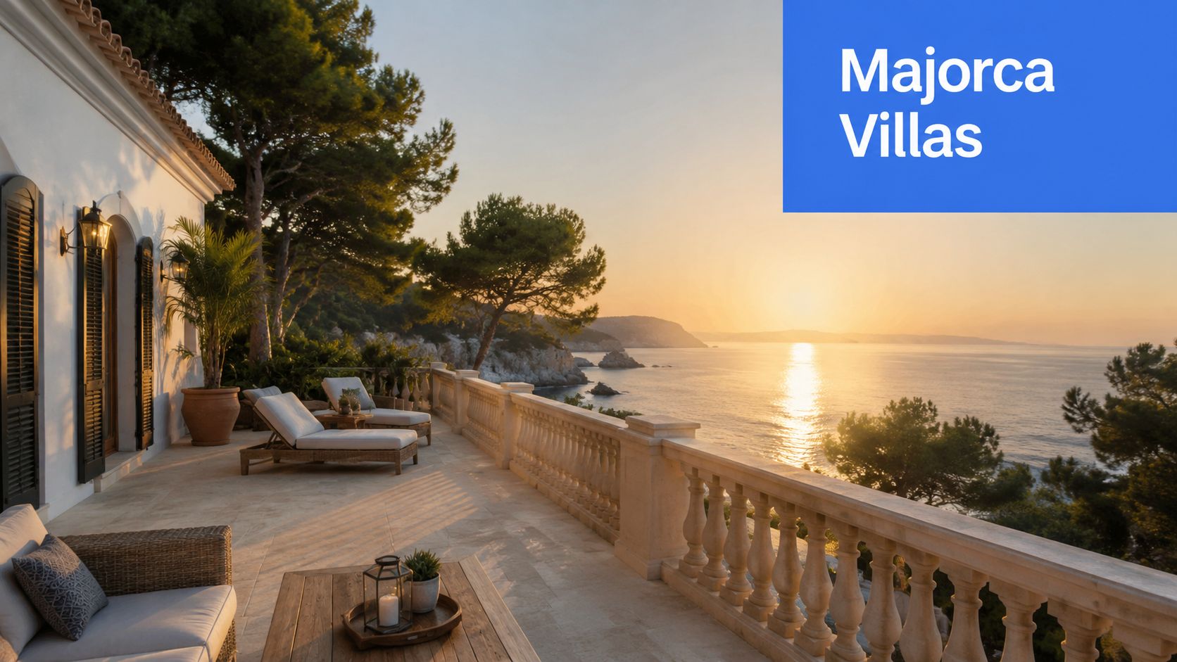 A luxurious Majorca villa terrace overlooking the Mediterranean sea during a golden hour sunset.